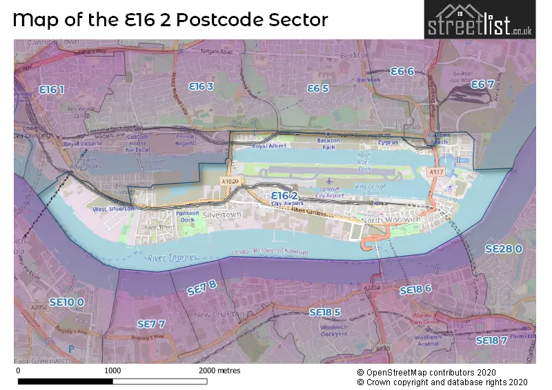 Map of the E16 2 and surrounding postcode sector