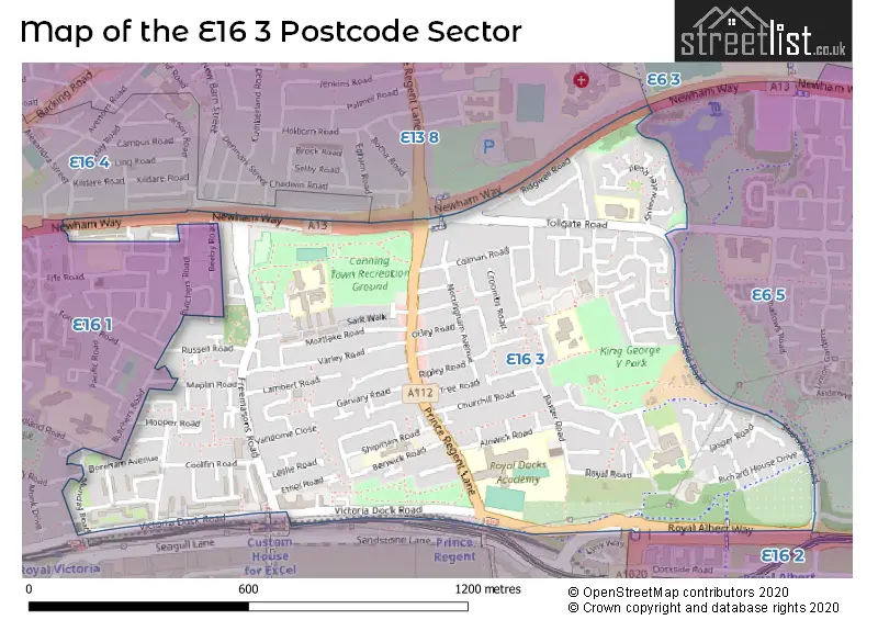 Map of the E16 3 and surrounding postcode sector