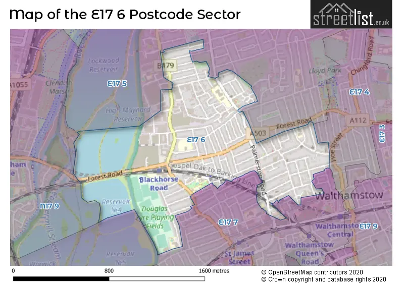 Map of the E17 6 and surrounding postcode sector