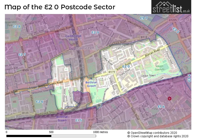 Map of the E2 0 and surrounding postcode sector
