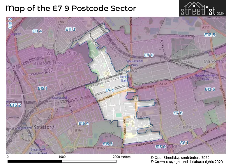 Map of the E7 9 and surrounding postcode sector