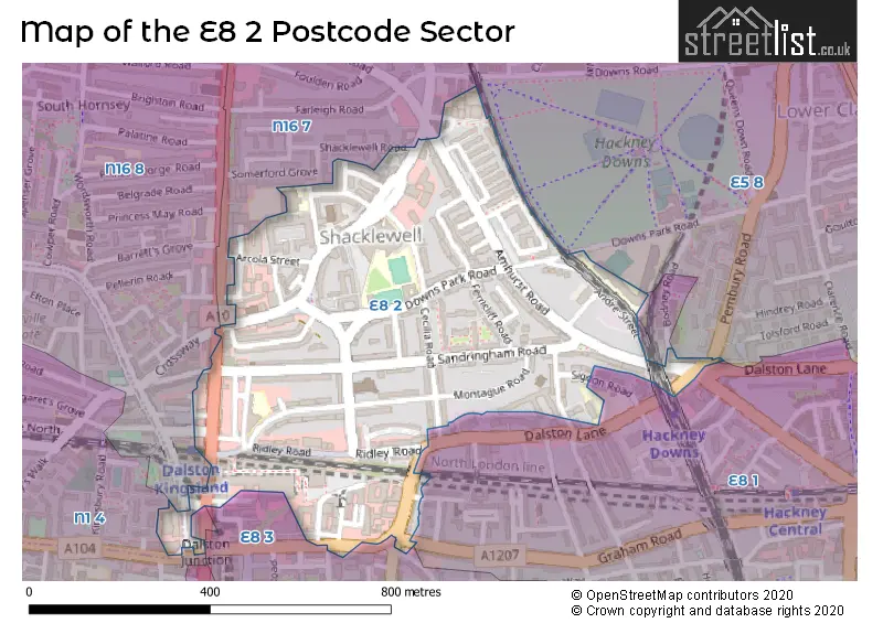 Map of the E8 2 and surrounding postcode sector