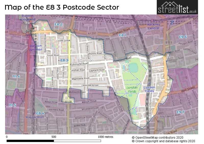 Map of the E8 3 and surrounding postcode sector