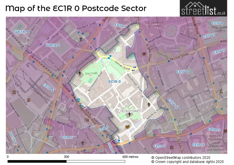 Map of the EC1R 0 and surrounding postcode sector