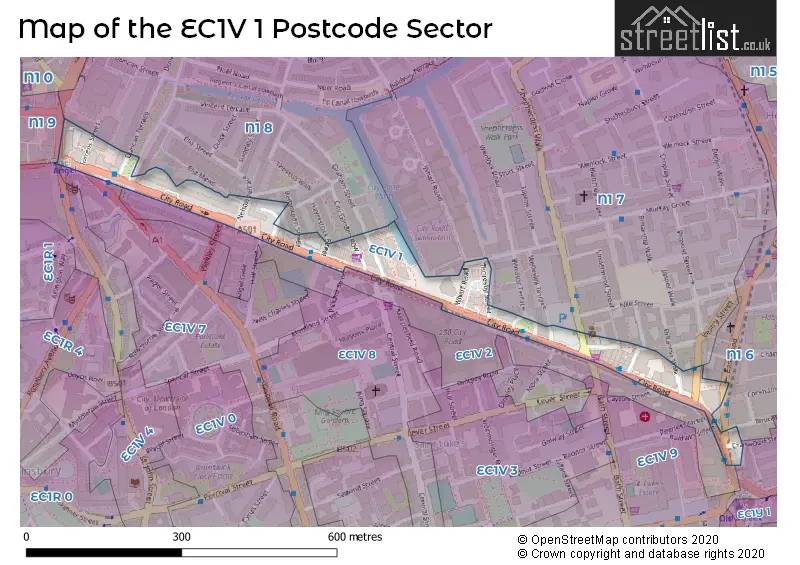 Map of the EC1V 1 and surrounding postcode sector