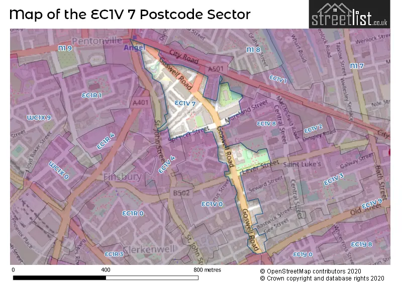 Map of the EC1V 7 and surrounding postcode sector