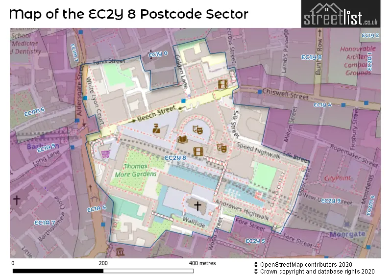 Map of the EC2Y 8 and surrounding postcode sector