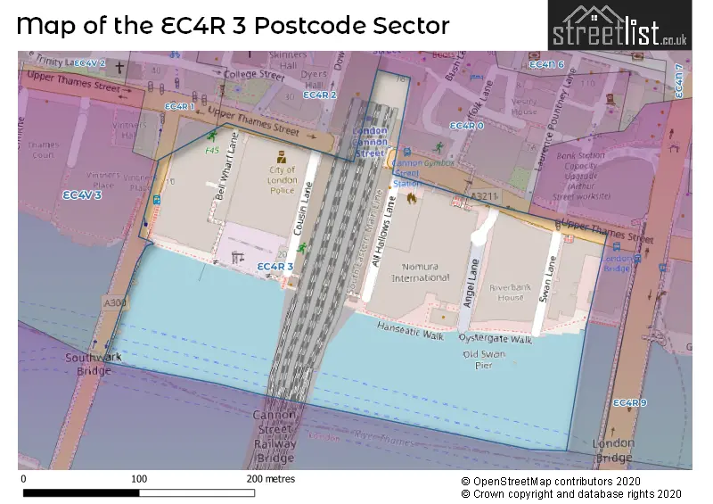 Map of the EC4R 3 and surrounding postcode sector