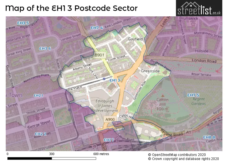 Map of the EH1 3 and surrounding postcode sector