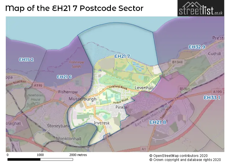 Map of the EH21 7 and surrounding postcode sector