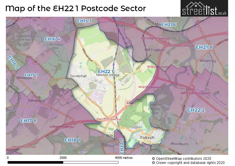 Map of the EH22 1 and surrounding postcode sector