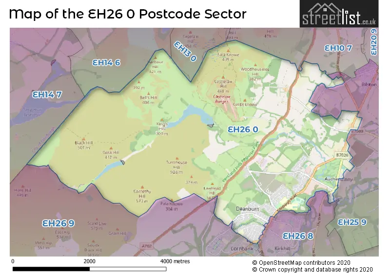 Map of the EH26 0 and surrounding postcode sector