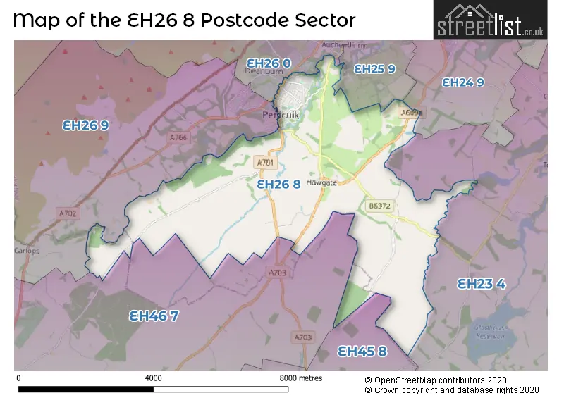 Map of the EH26 8 and surrounding postcode sector