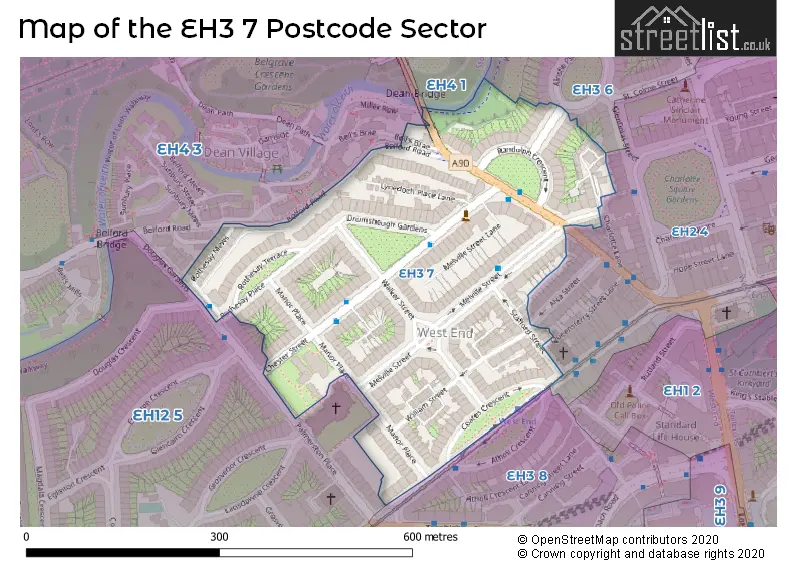 Map of the EH3 7 and surrounding postcode sector