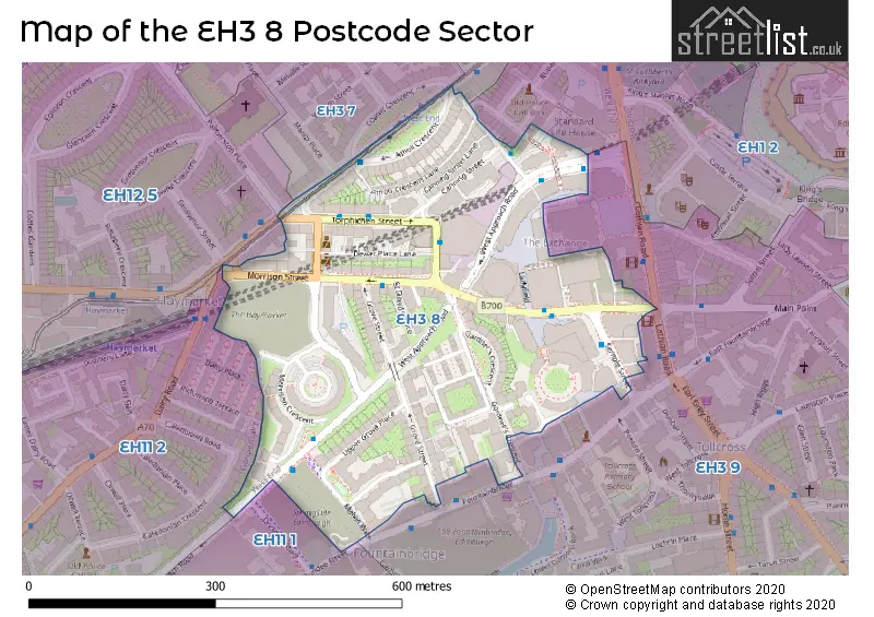 Map of the EH3 8 and surrounding postcode sector