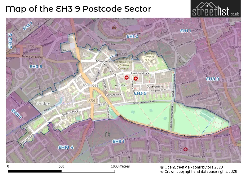 Map of the EH3 9 and surrounding postcode sector