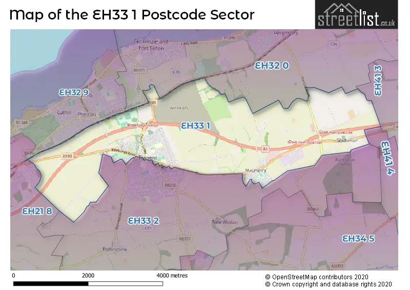 Map of the EH33 1 and surrounding postcode sector