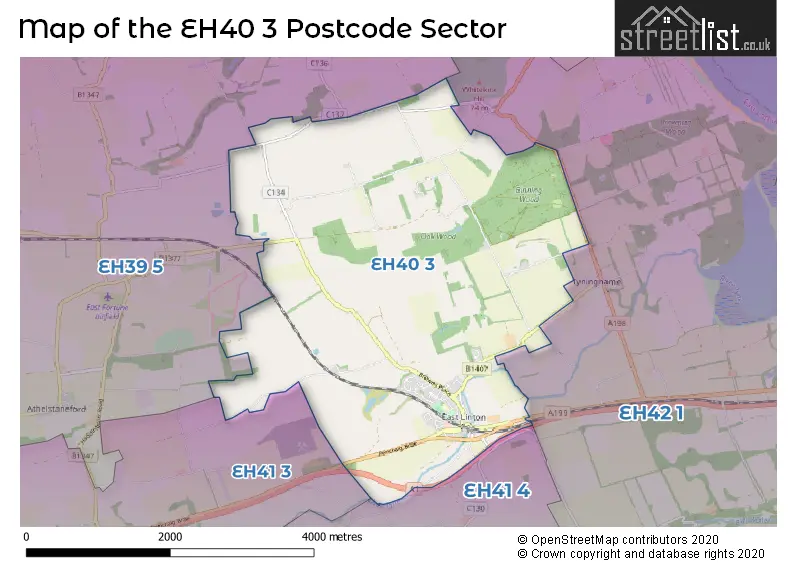 Map of the EH40 3 and surrounding postcode sector