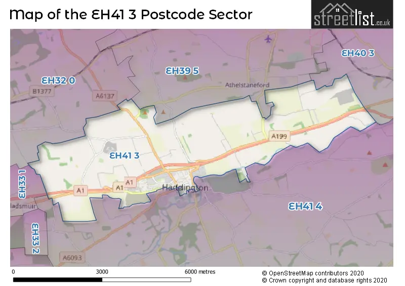 Map of the EH41 3 and surrounding postcode sector