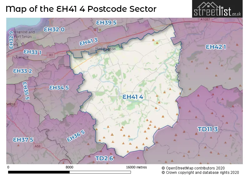 Map of the EH41 4 and surrounding postcode sector