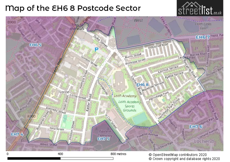 Map of the EH6 8 and surrounding postcode sector