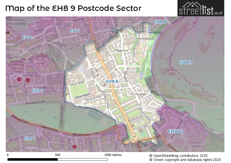 Map of the EH8 9 and surrounding postcode sector