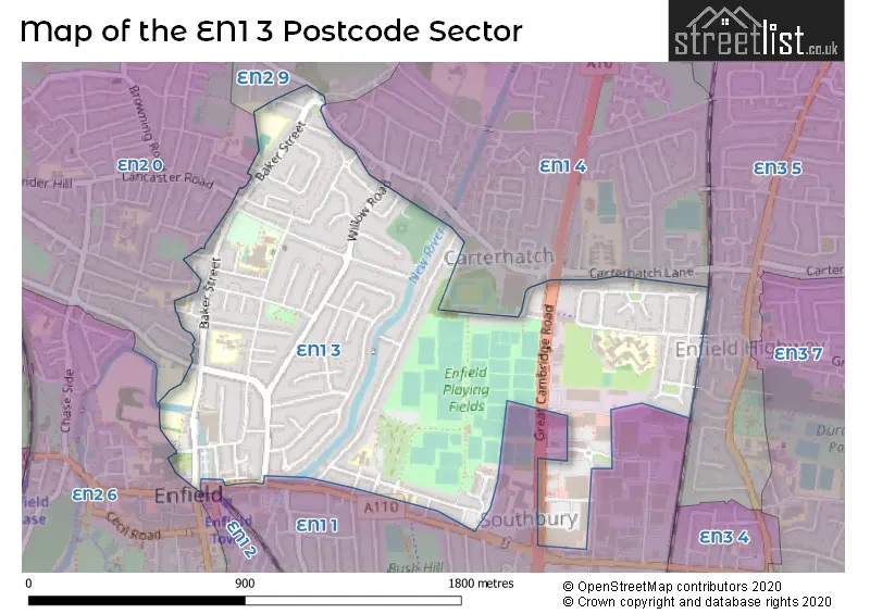 Map of the EN1 3 and surrounding postcode sector