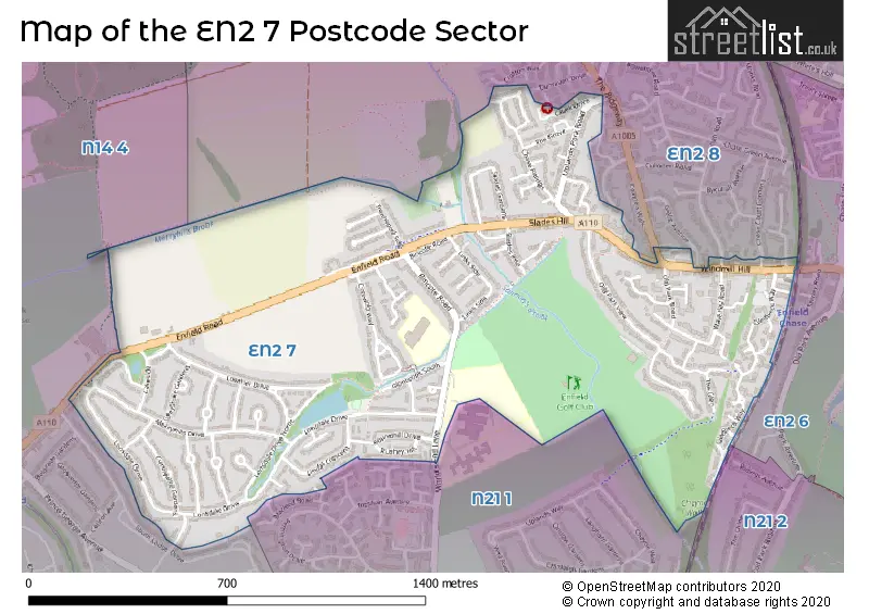 Map of the EN2 7 and surrounding postcode sector