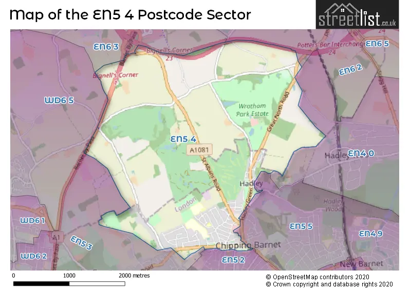 Map of the EN5 4 and surrounding postcode sector