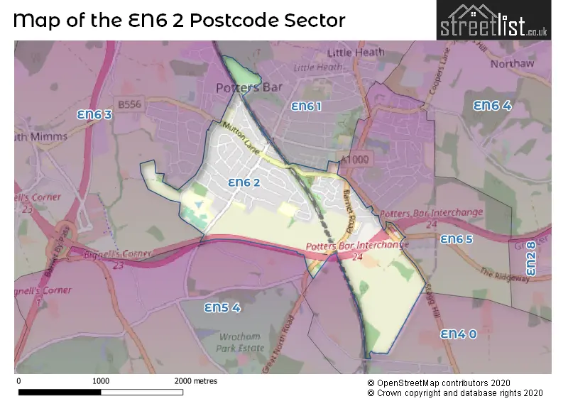 Map of the EN6 2 and surrounding postcode sector