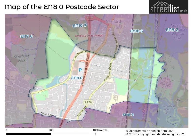 Map of the EN8 0 and surrounding postcode sector