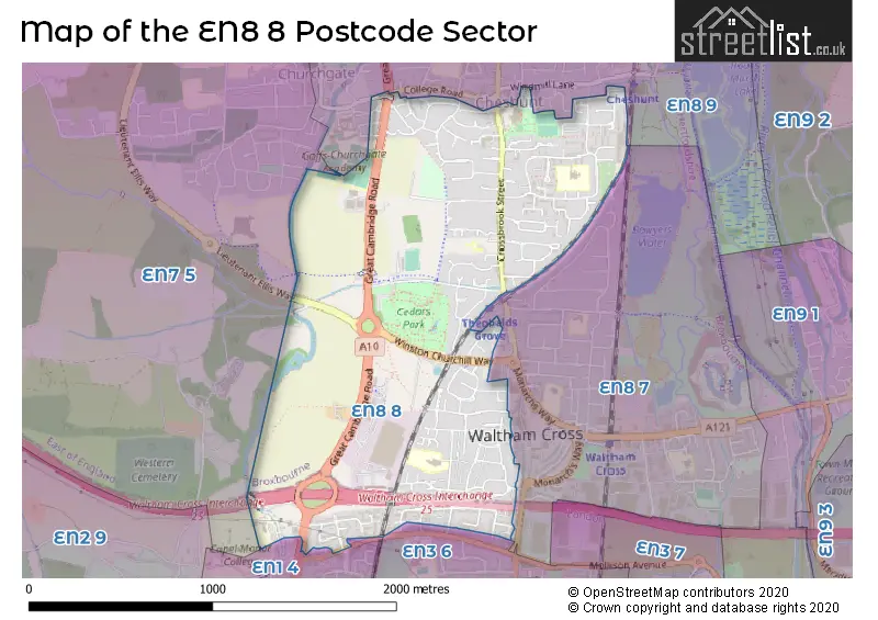 Map of the EN8 8 and surrounding postcode sector