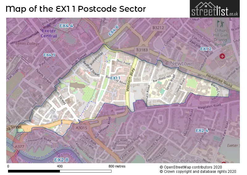 Map of the EX1 1 and surrounding postcode sector