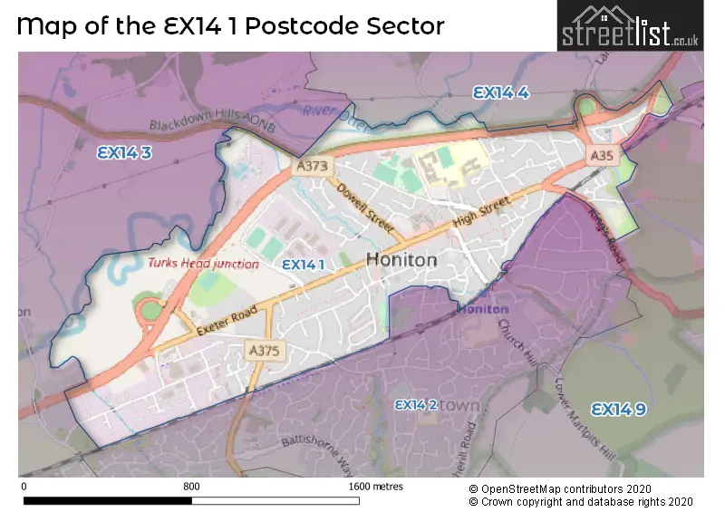 Map of the EX14 1 and surrounding postcode sector