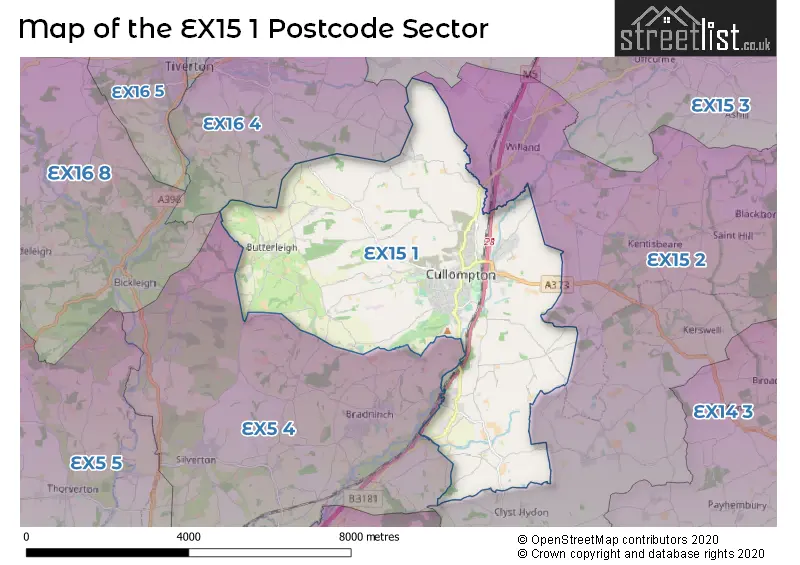 Map of the EX15 1 and surrounding postcode sector