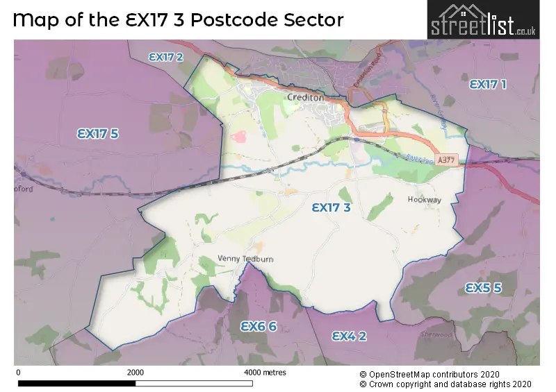 Map of the EX17 3 and surrounding postcode sector