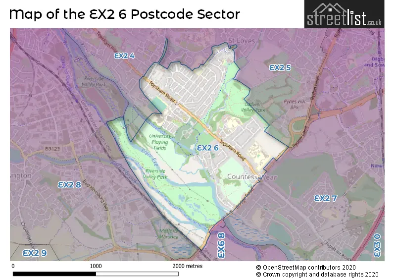 Map of the EX2 6 and surrounding postcode sector