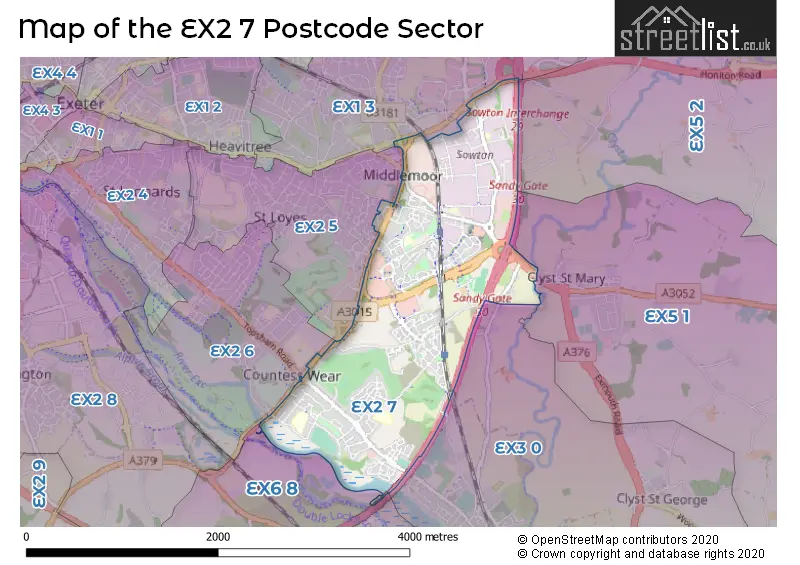 Map of the EX2 7 and surrounding postcode sector