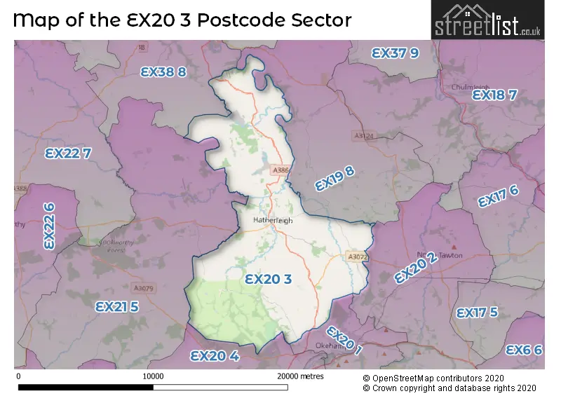 Map of the EX20 3 and surrounding postcode sector