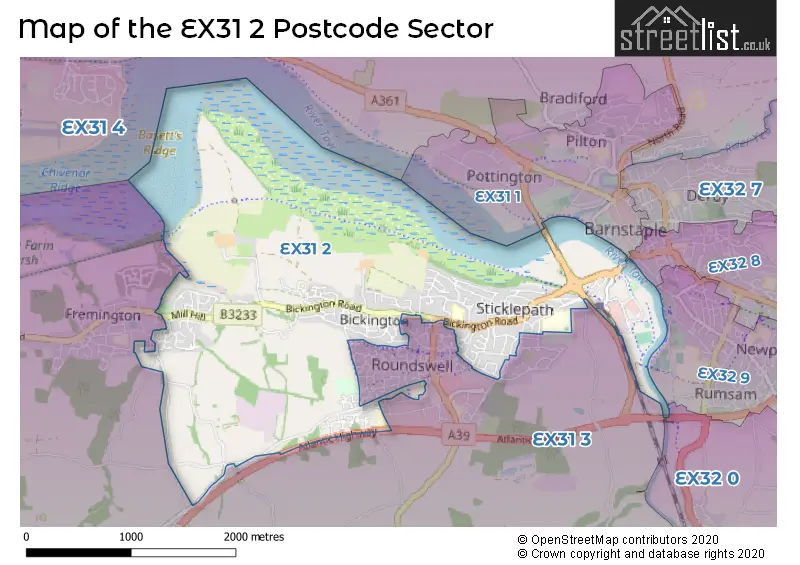 Map of the EX31 2 and surrounding postcode sector