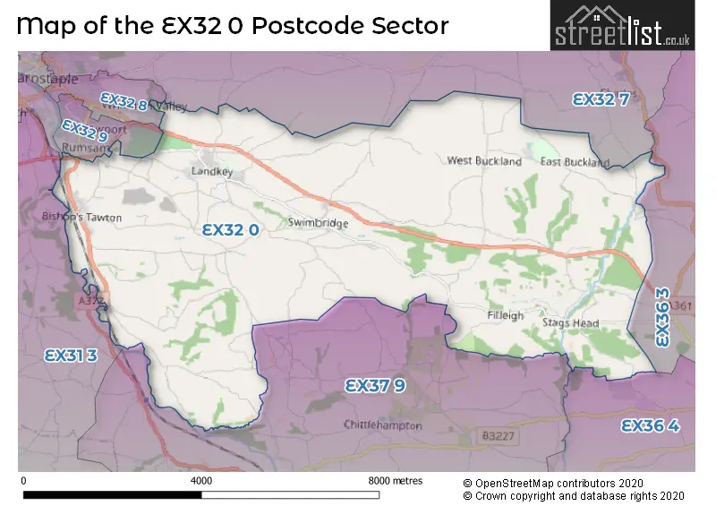 Map of the EX32 0 and surrounding postcode sector