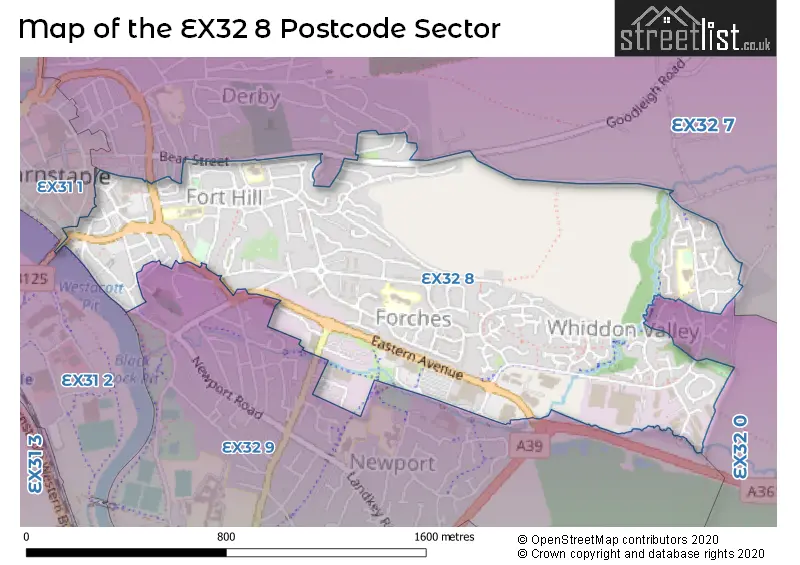 Map of the EX32 8 and surrounding postcode sector