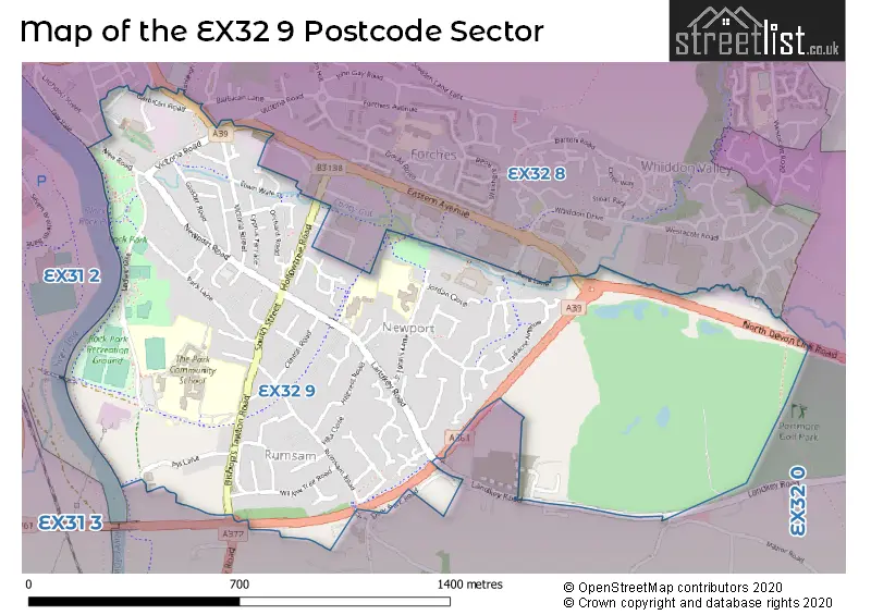 Map of the EX32 9 and surrounding postcode sector