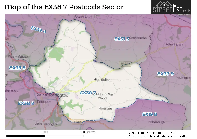 Map of the EX38 7 and surrounding postcode sector