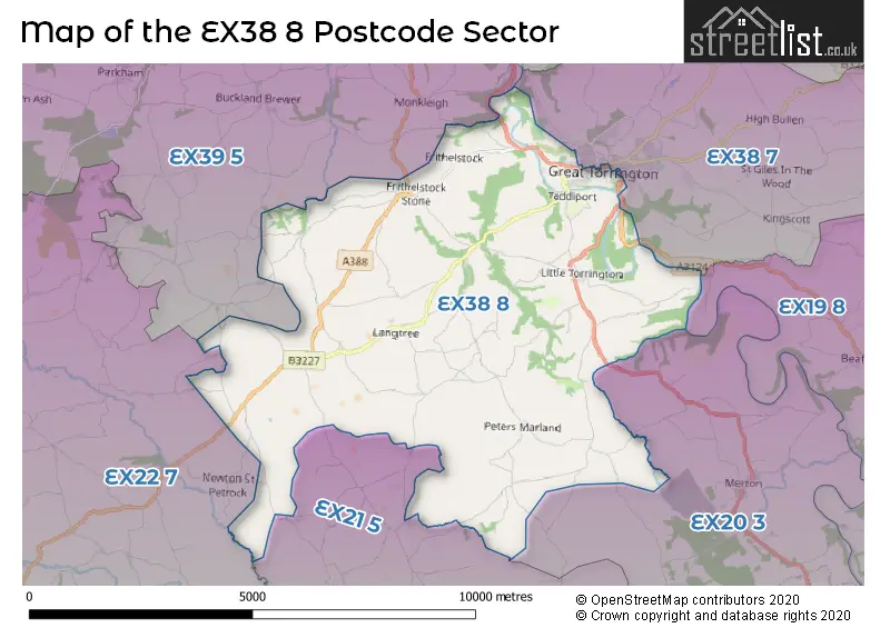 Map of the EX38 8 and surrounding postcode sector