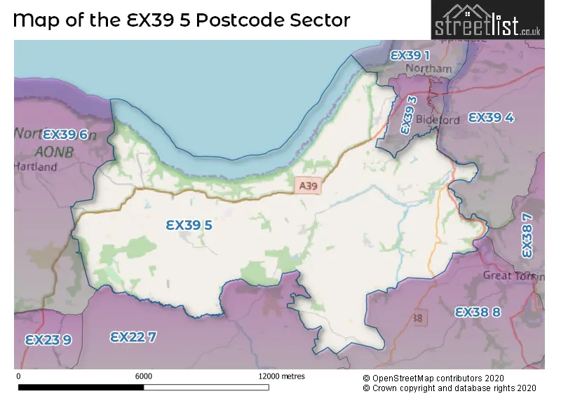 Map of the EX39 5 and surrounding postcode sector