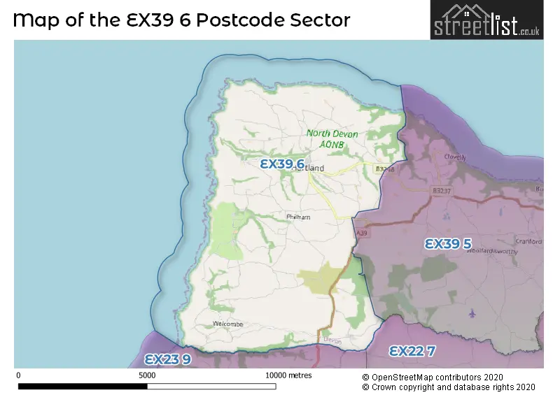 Map of the EX39 6 and surrounding postcode sector