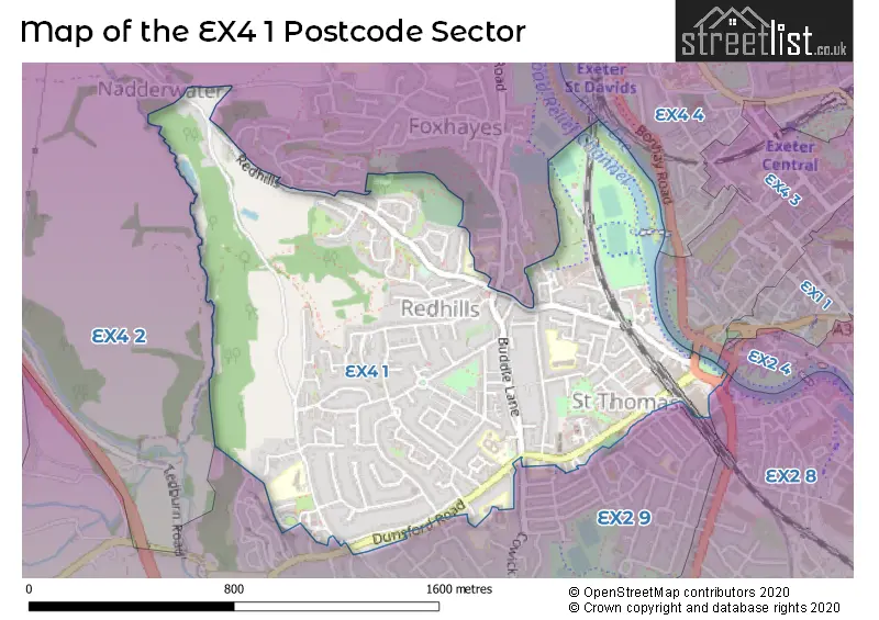 Map of the EX4 1 and surrounding postcode sector