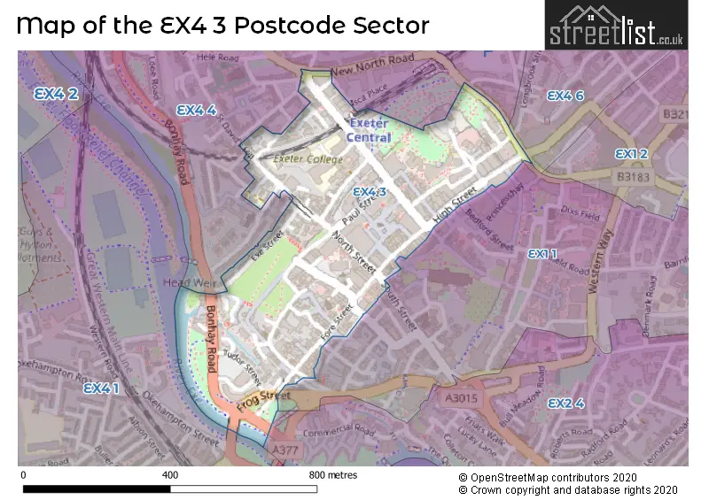 Map of the EX4 3 and surrounding postcode sector