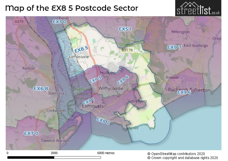 Map of the EX8 5 and surrounding postcode sector